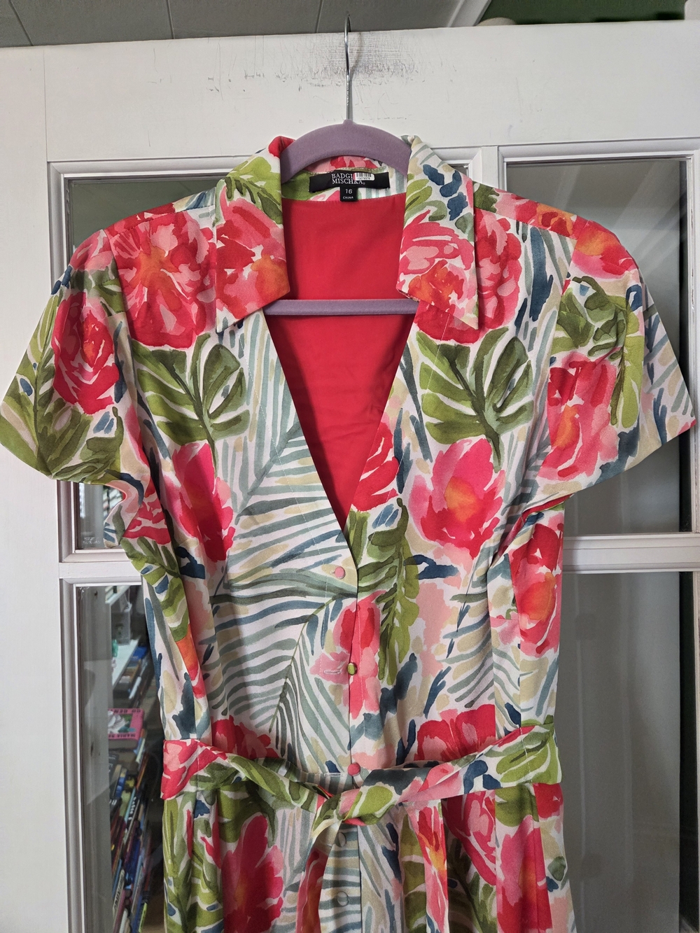 Badgley Mischka Tropical Floral V-Neck Midi Dress in Green and Red - Size 16 - Picture 11 of 12